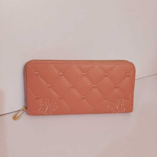 Butterfly Embroided Leather Wallet - Peach - W06