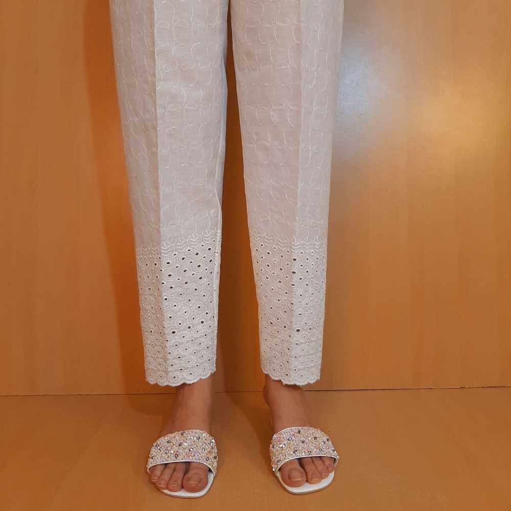 Chikankari Trouser - Soft Cotton - White - ZT371