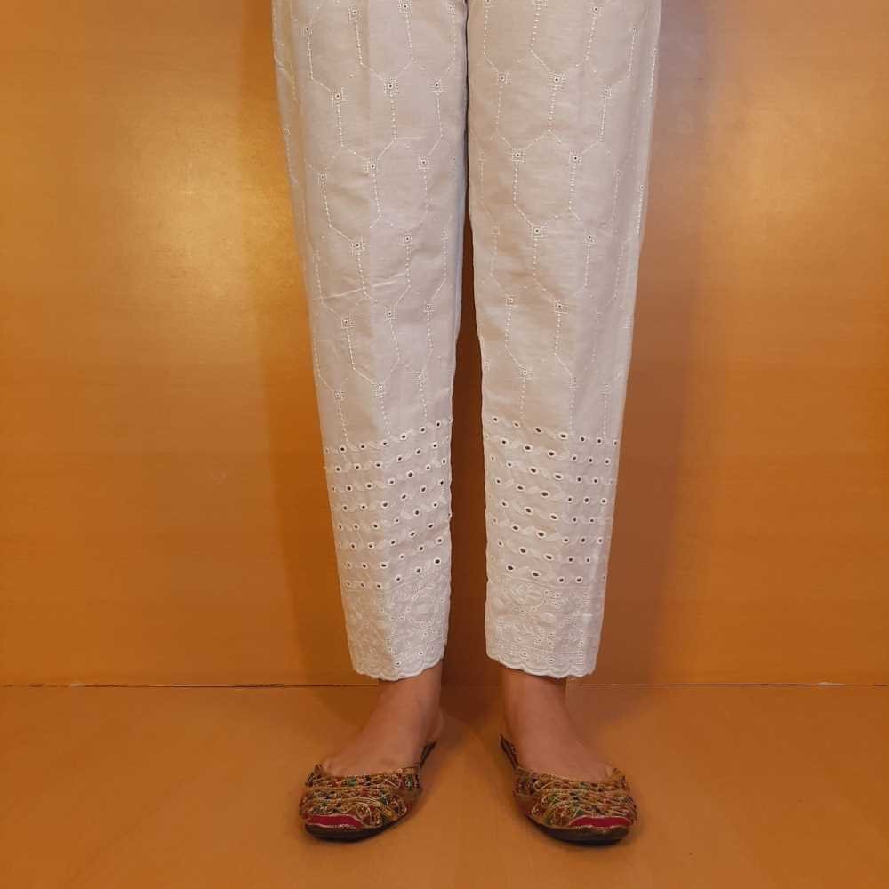 Chikankari Trouser - Soft Cotton - White - ZT511