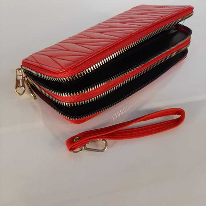 Double Zip Wallet Purse With Wristlet Strap - Red - W02
