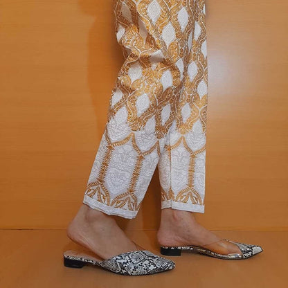 Embossed Trouser - White / Gold- Cotton