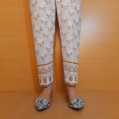 Embossed Trouser - White / Gold- Cotton
