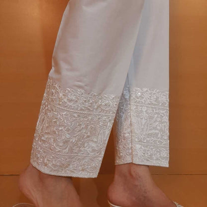 Embroided Stretchable Cotton Trouser - White - ZT472