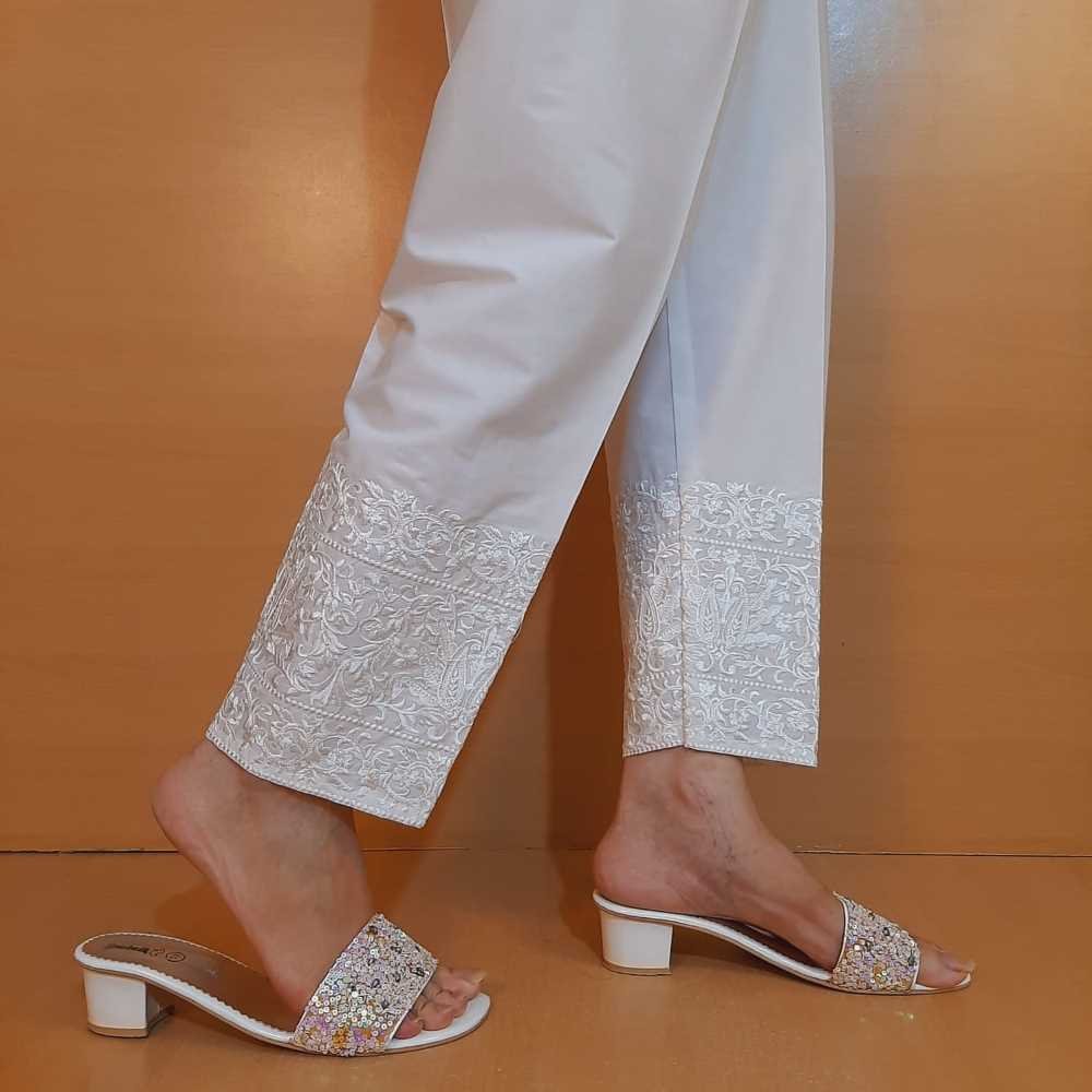 Embroided Stretchable Cotton Trouser - White - ZT472