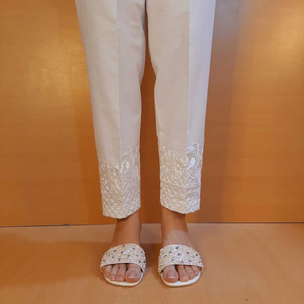 Embroided Trouser Pant  - Cotton - White - ZT509