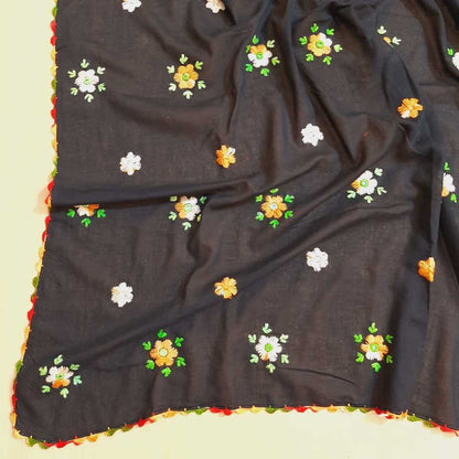 Hand Embroided Lawn Dupatta With 4 Sided Piko - Black - ZD0A25