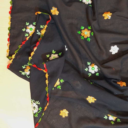 Hand Embroided Lawn Dupatta With 4 Sided Piko - Black - ZD0A25