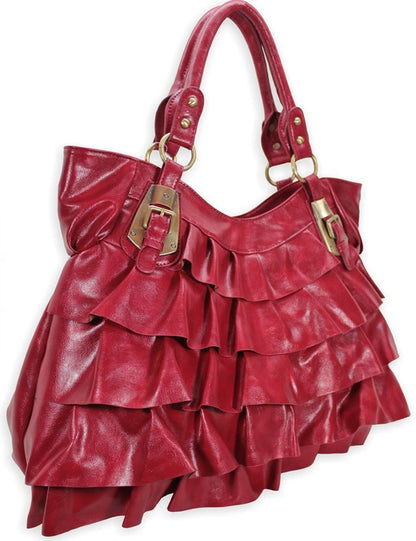 LS0012 - Red Ruffle Tote Shoulder Bag With Buckle Detail