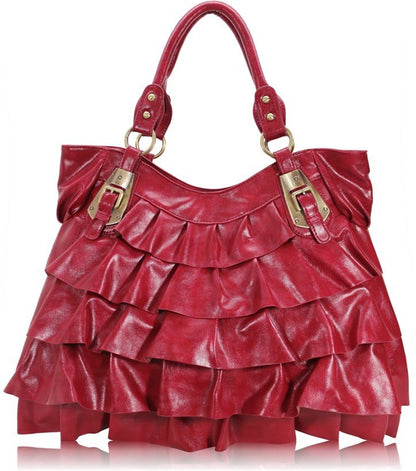 LS0012 - Red Ruffle Tote Shoulder Bag With Buckle Detail