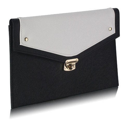 LSE00276 - Black/ White Large Flap Clutch purse