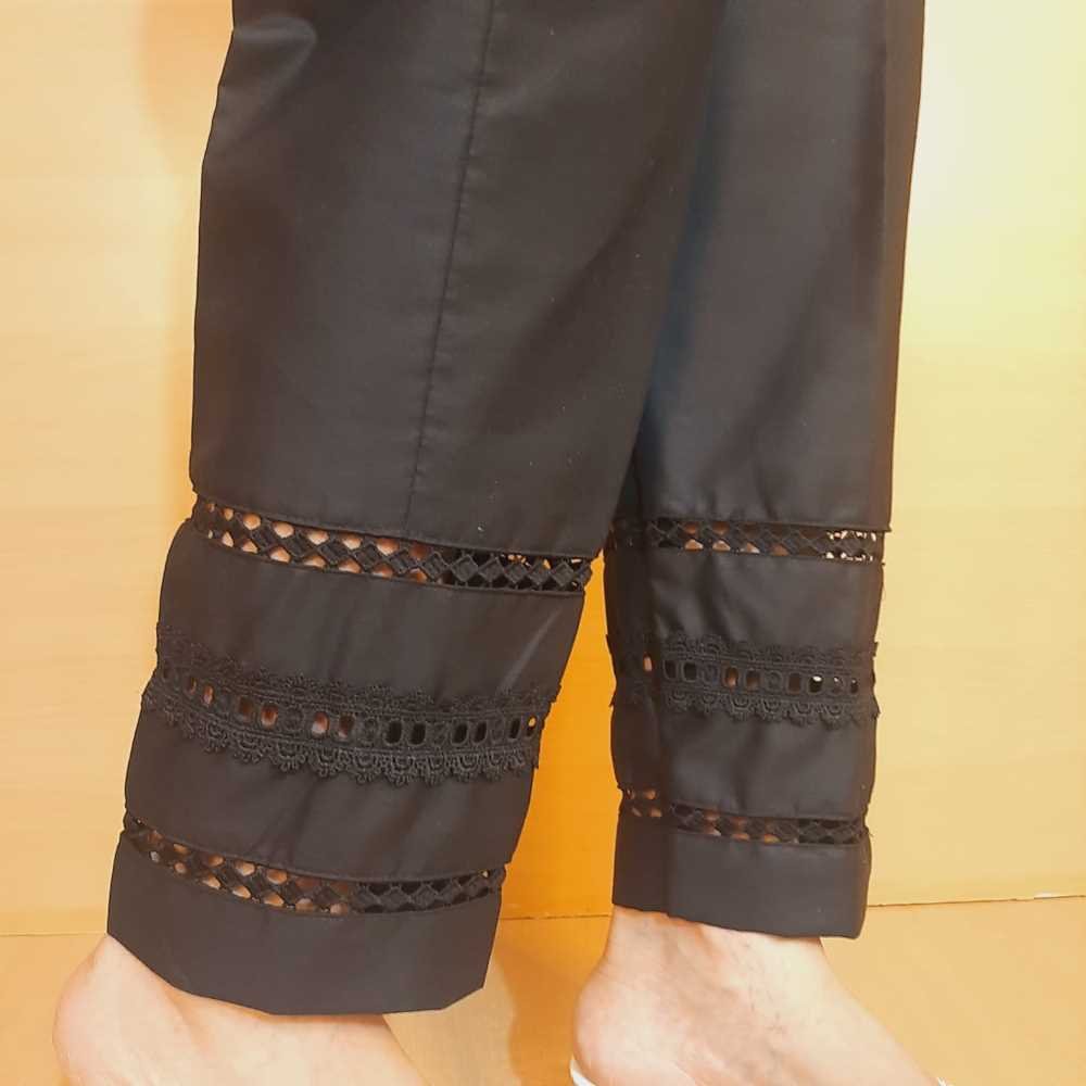 Laces Embellished Cotton Trouser - Black - ZT465