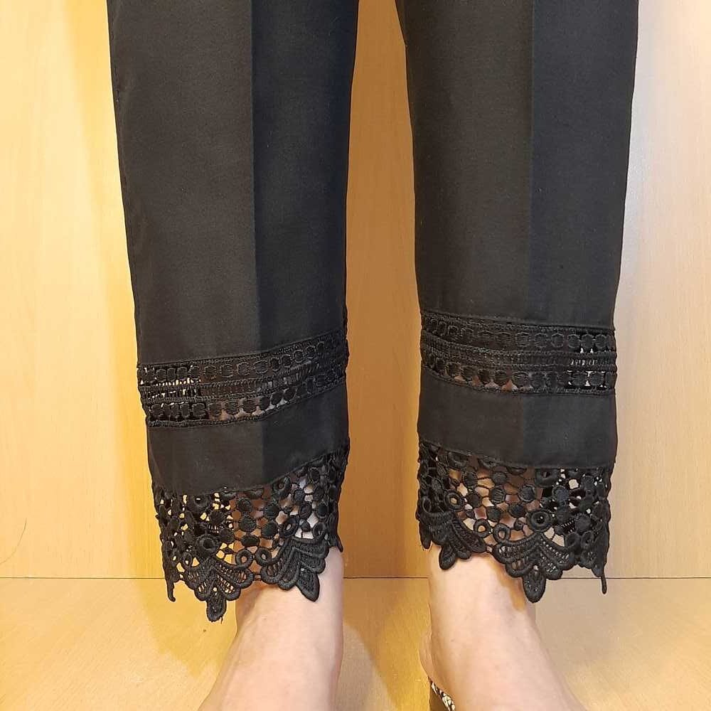 Laces Embellished Cotton Trouser - Black - ZT467