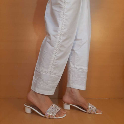 Laces Embellished Soft Cotton Trouser - White - PT14