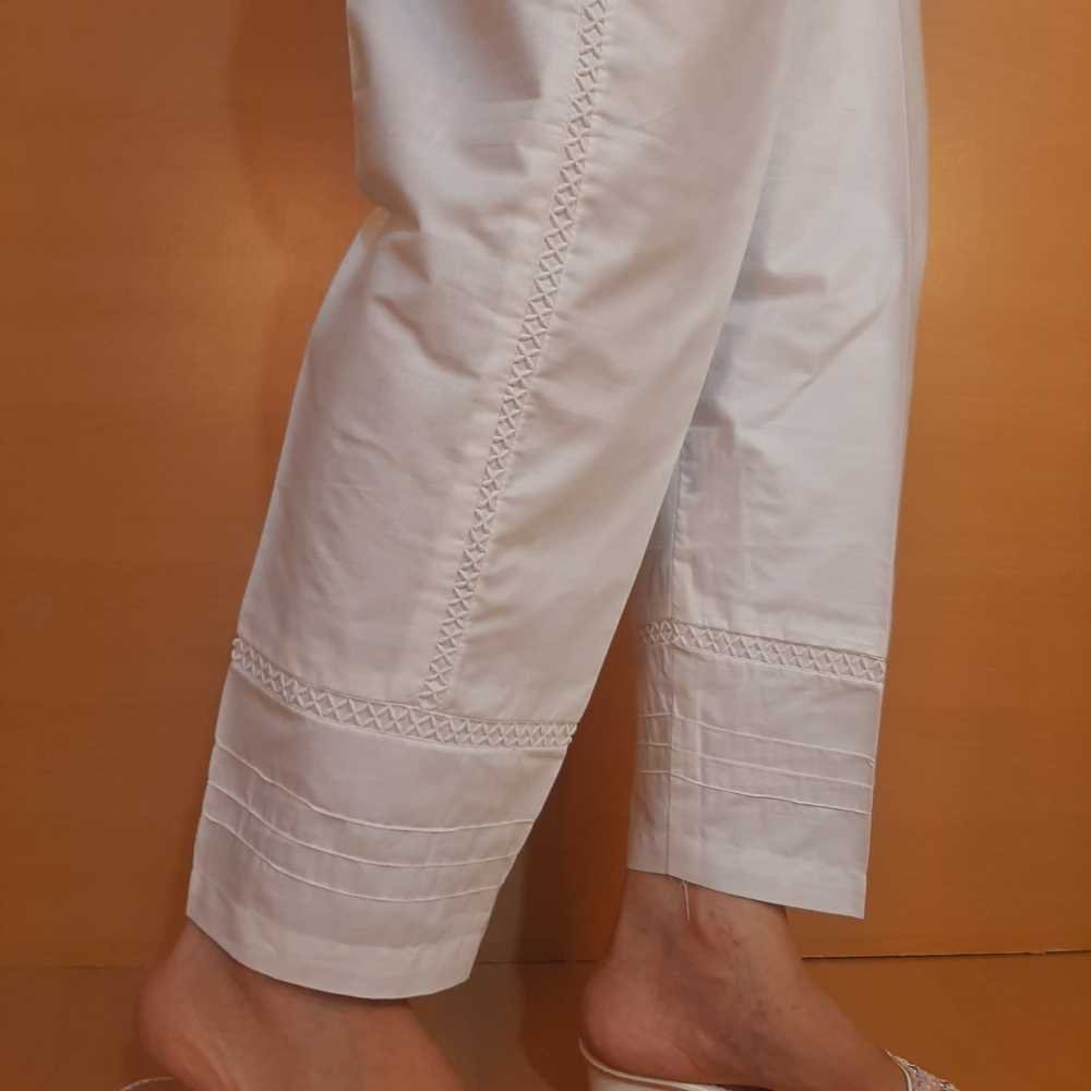Laces Embellished Soft Cotton Trouser - White - PT14
