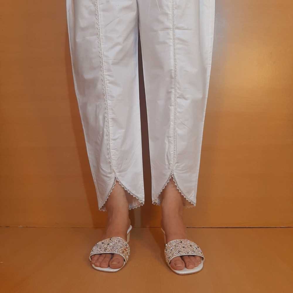 Laces Embellished Soft Cotton Trouser - White - PT15