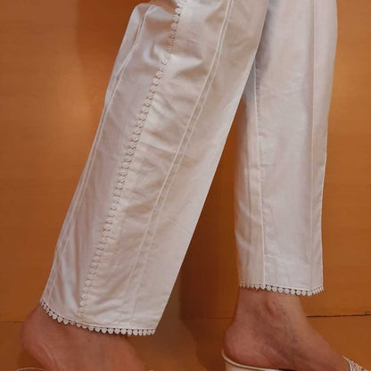 Laces embellished Soft Cotton Trouser - White - PT05