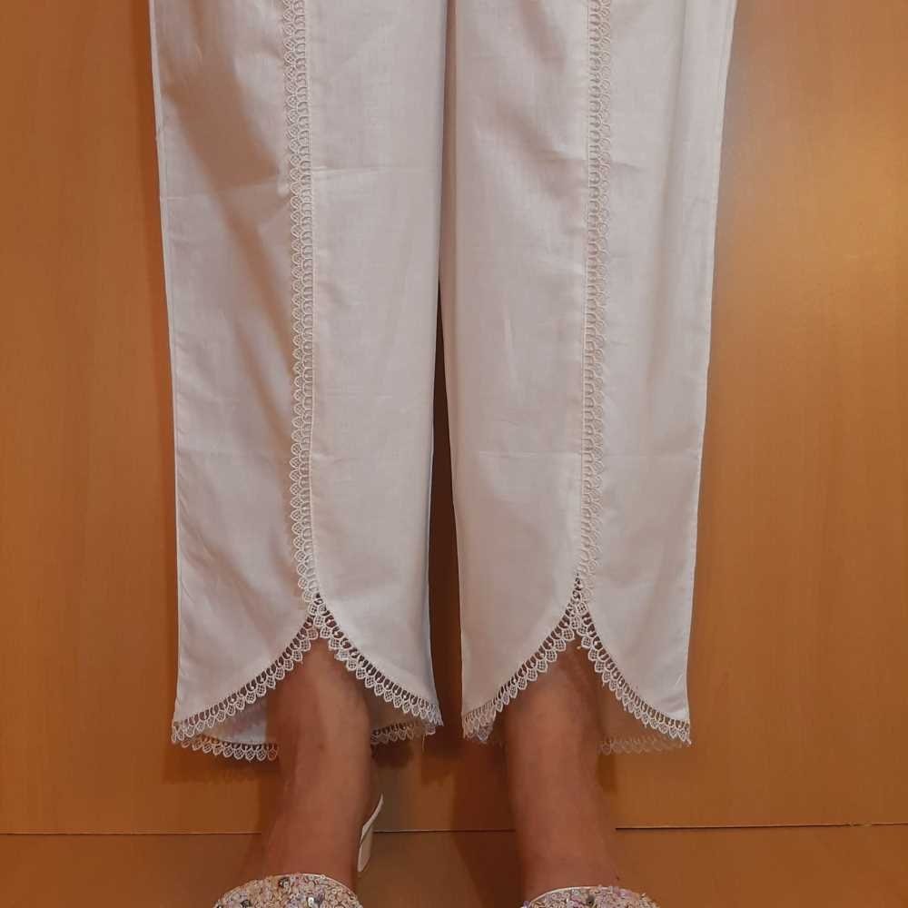 White Silk Trousers with pearl lace (T53) | Shaner Boutique