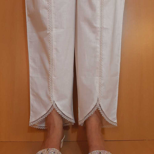 Laces embellished Soft Cotton Trouser - White - PT10