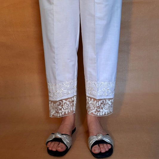 Embroided Trouser - White - Cotton - ZT221