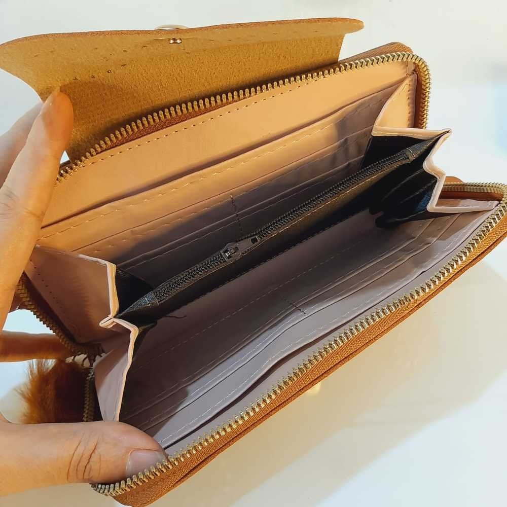 Zipper Wallet Purse With Pompom - Brown - W03