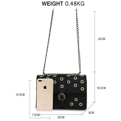 AG00630 – Black Flap Crystal Cross Body Bag With Black Metal Work