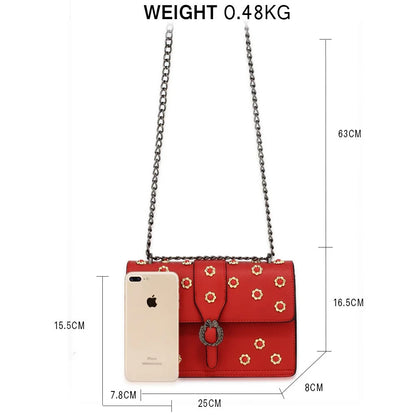 AG00630 – Red Flap Crystal Cross Body Bag With Black Metal Work