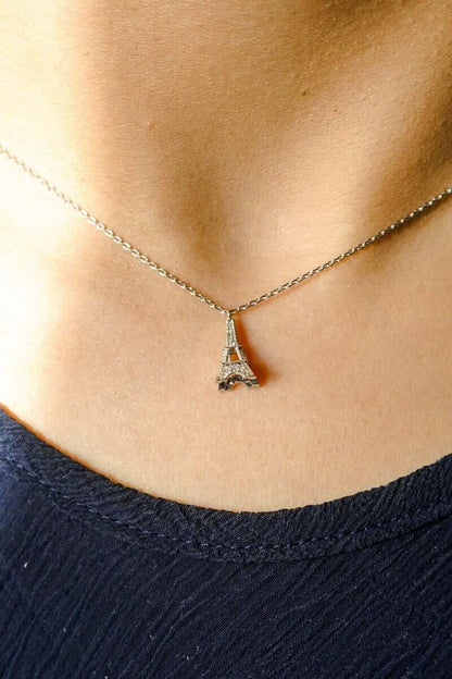 silver sparkling crystal eiffel tower necklace