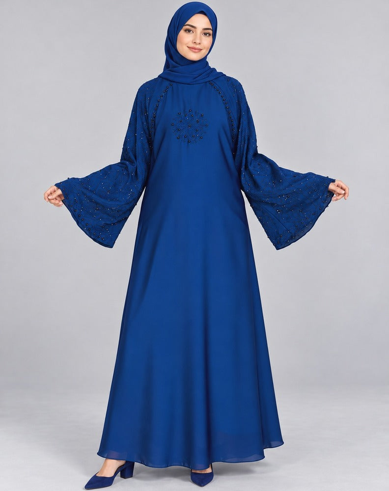 Beaded Nidah Fabric Abaya - Blue - BGA172