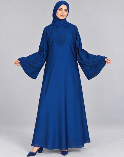 Beaded Nidah Fabric Abaya - Blue - BGA172