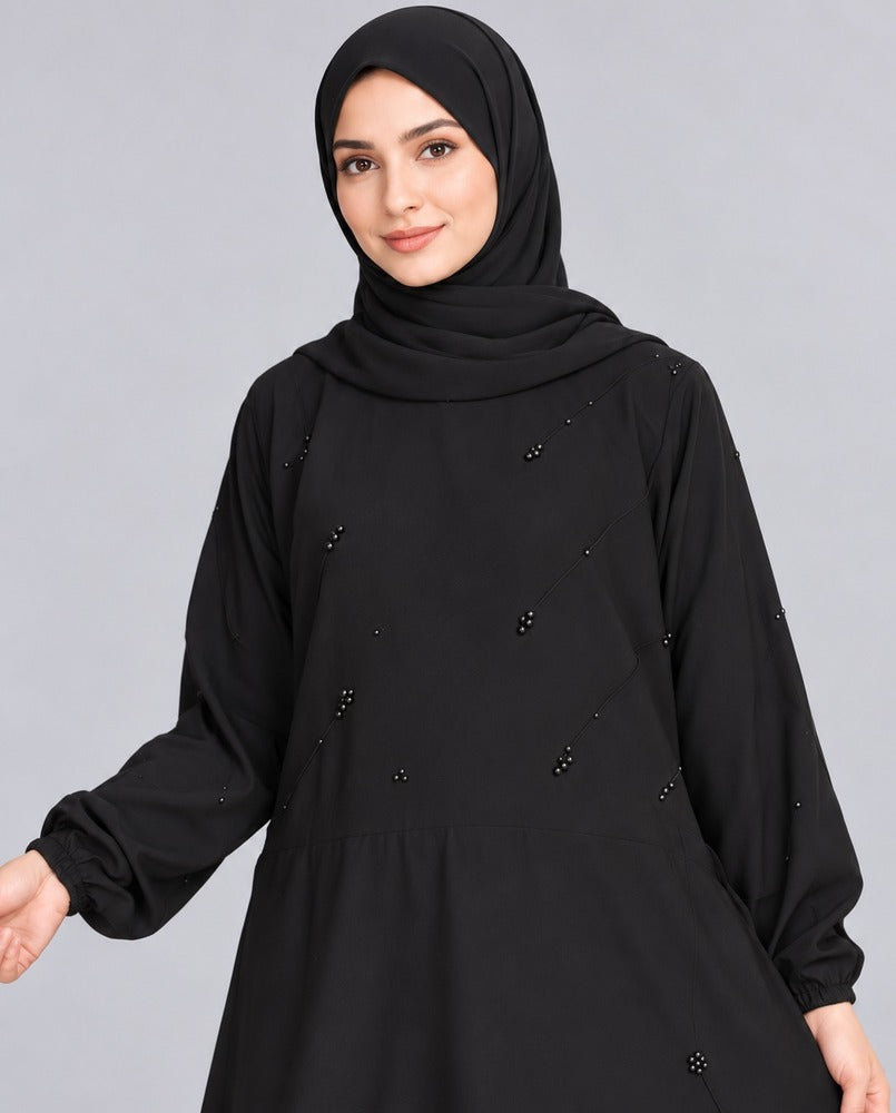 Beaded Nidah Fancy Abaya - Black - ZA152