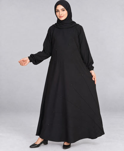 Beaded Nidah Fancy Abaya - Black - ZA152
