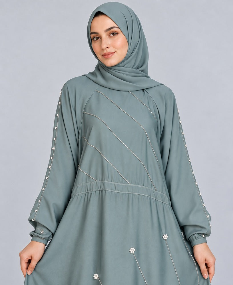 Beaded Nidah Fancy Abaya - Blue - ZA152