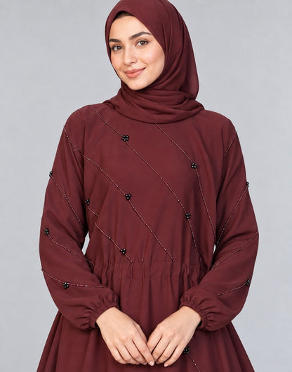 Beaded Nidah Fancy Abaya - Maroon - ZA152