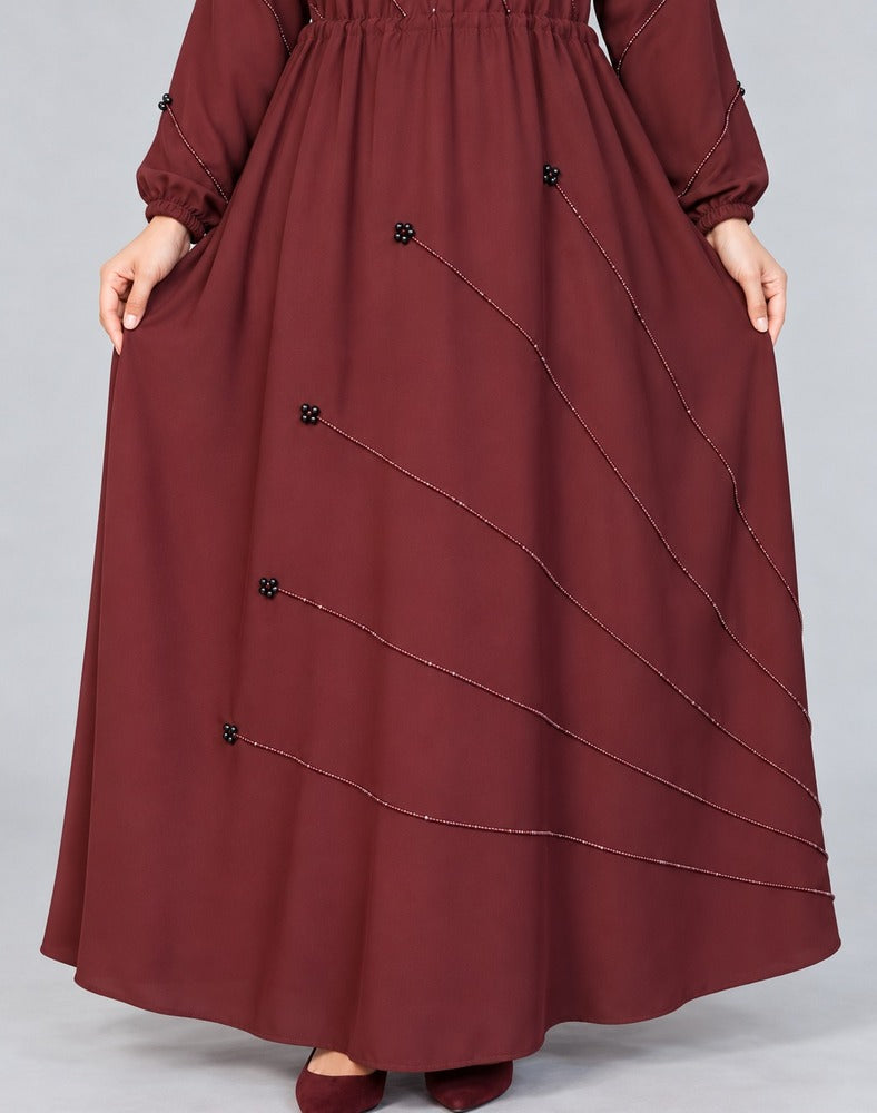 Beaded Nidah Fancy Abaya - Maroon - ZA152