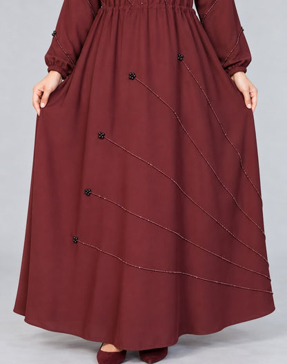 Beaded Nidah Fancy Abaya - Maroon - ZA152