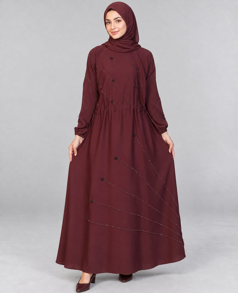 Beaded Nidah Fancy Abaya - Maroon - ZA152