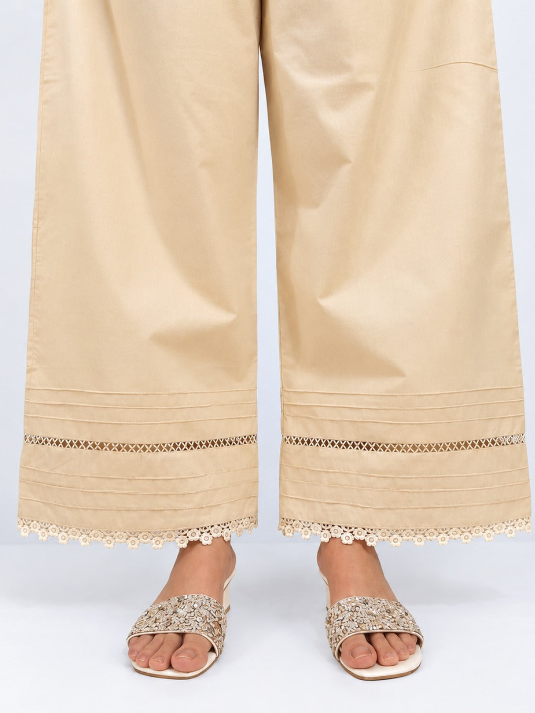 Laces Embellished Cotton Palazzo - Beige - PT39
