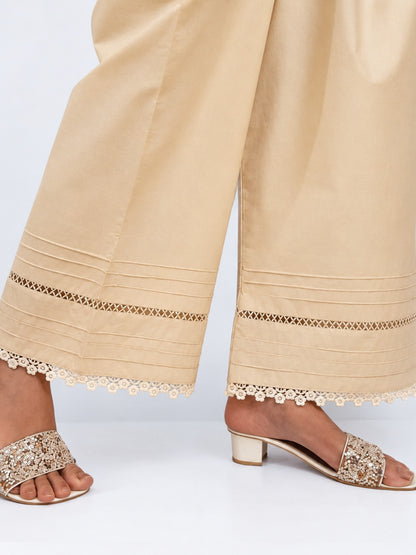 Laces Embellished Cotton Palazzo - Beige - PT39