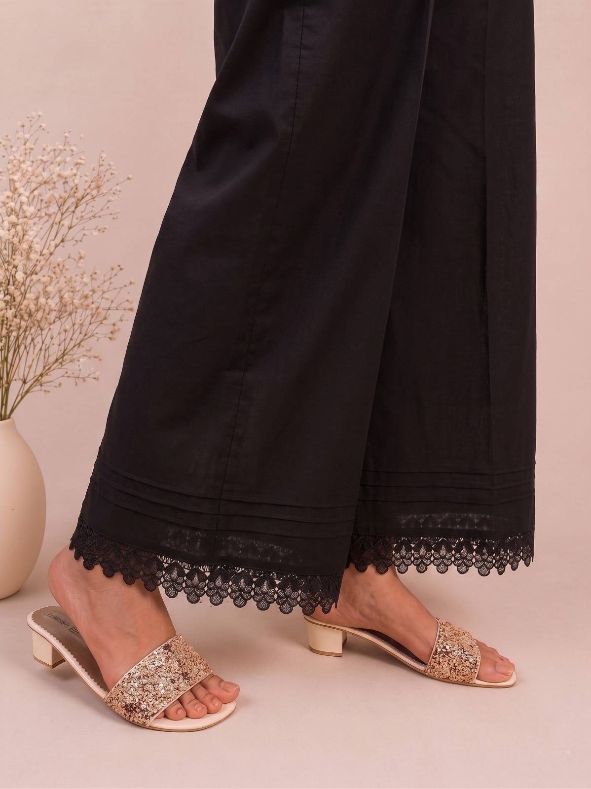 Cotton Palazzo With Bottom Lace - Black - ZT302