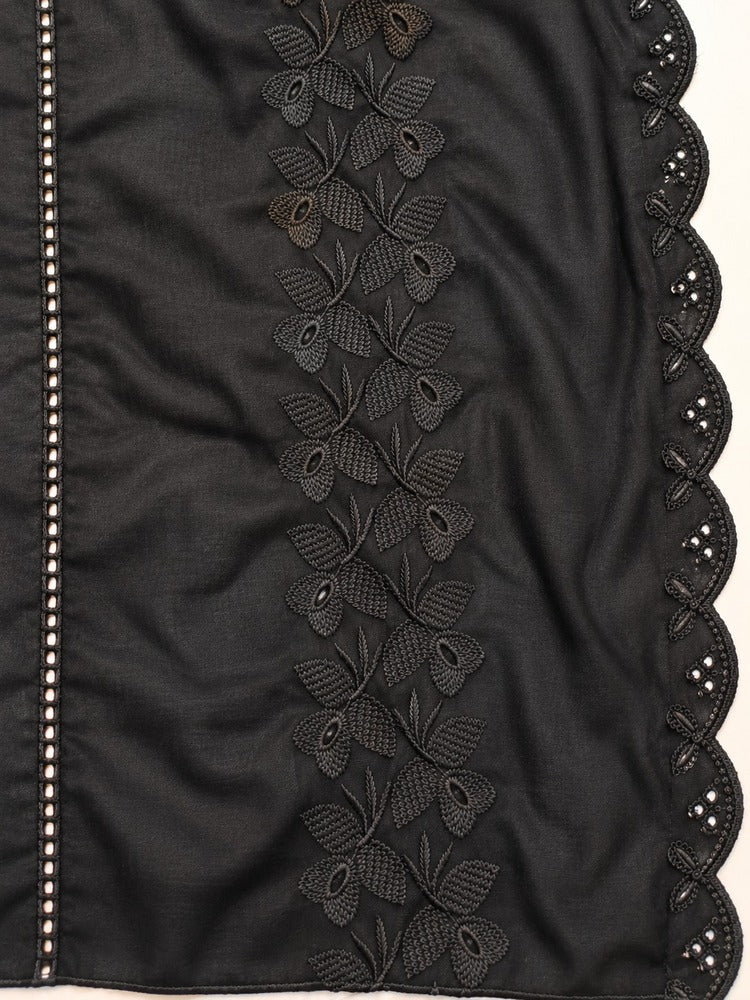 Black embroidered shawl for women featuring intricate floral embroidery, a scalloped lace border, and an elegant draped design