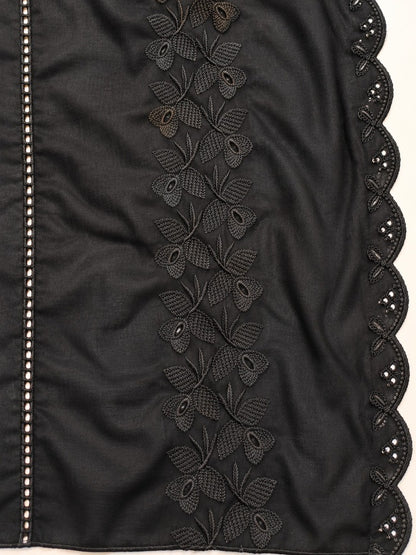Black embroidered shawl for women featuring intricate floral embroidery, a scalloped lace border, and an elegant draped design