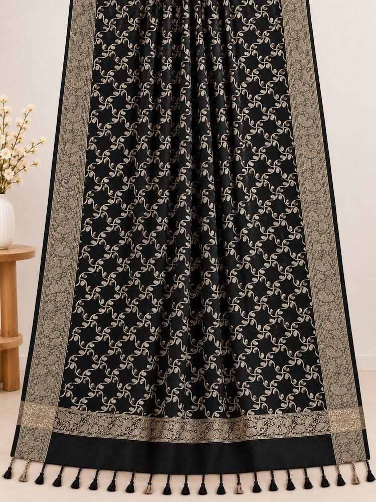 Black winter shawl with intricate gold-toned embroidery, ornate patterned borders and decorative tassels