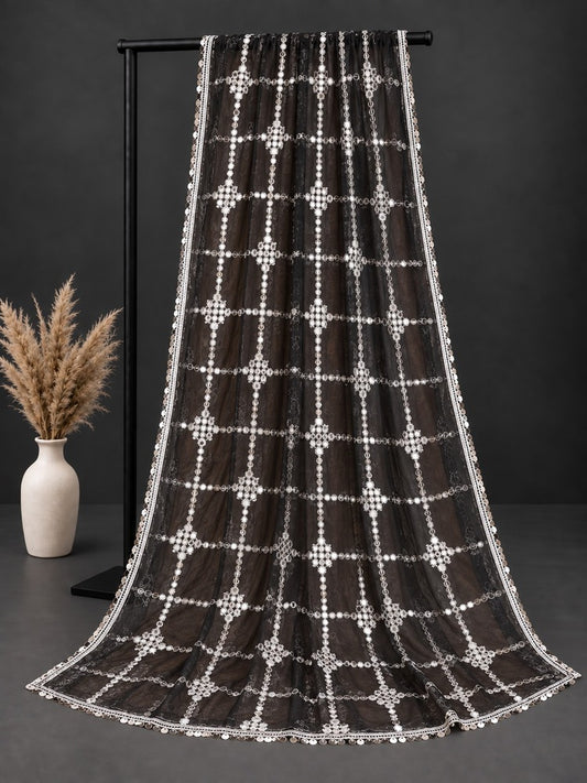Gota Work Dupatta For Wedding Party - Net - Black-  ZD1236