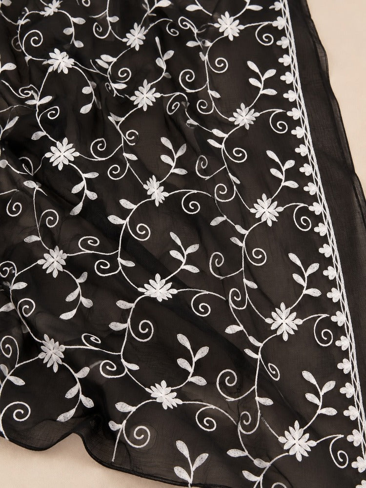 Black and white embroidered chiffon dupatta with white floral vines and decorative borders