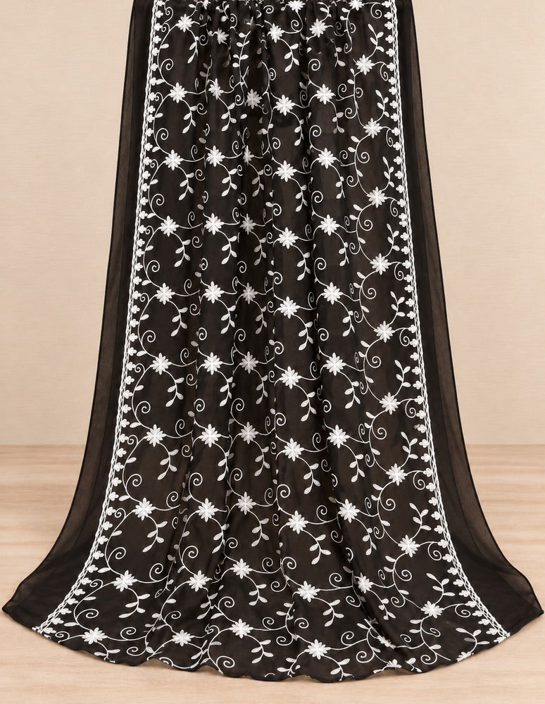 Black and white embroidered chiffon dupatta with white floral vines and decorative borders