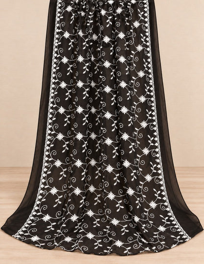 Black and white embroidered chiffon dupatta with white floral vines and decorative borders