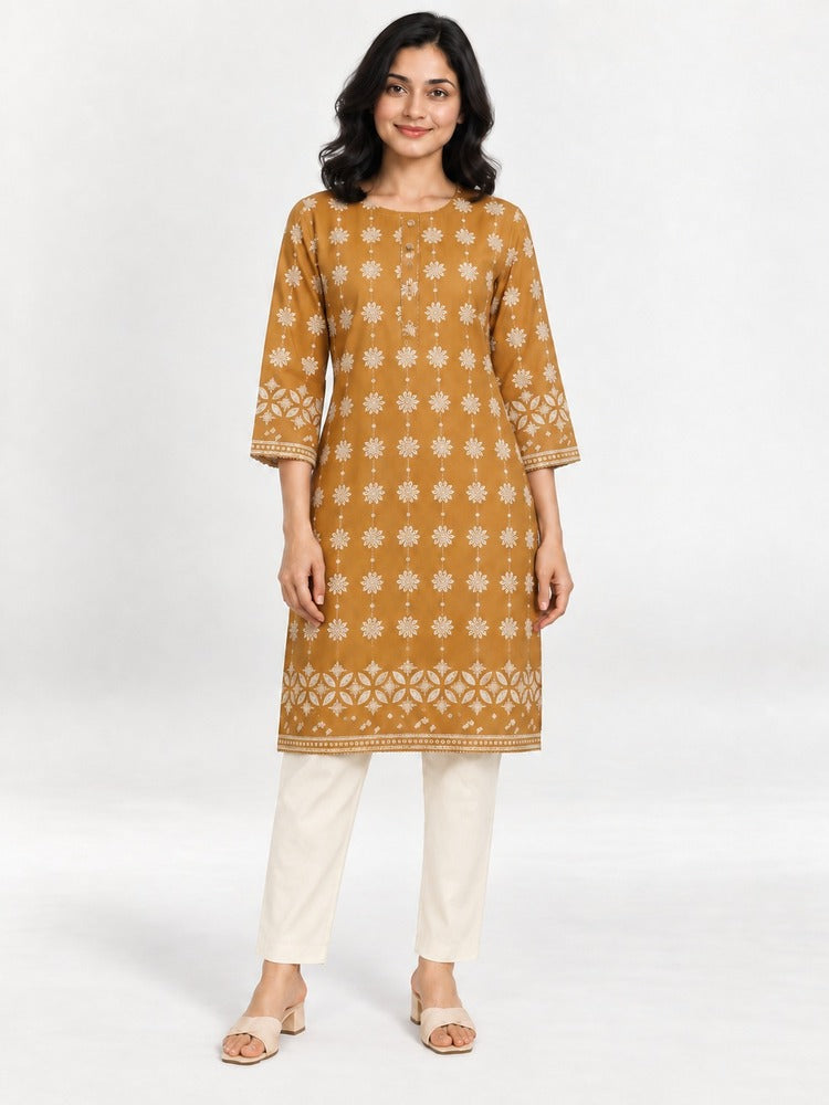 Block Print Soft Cotton Kurti - Beige - ZK233