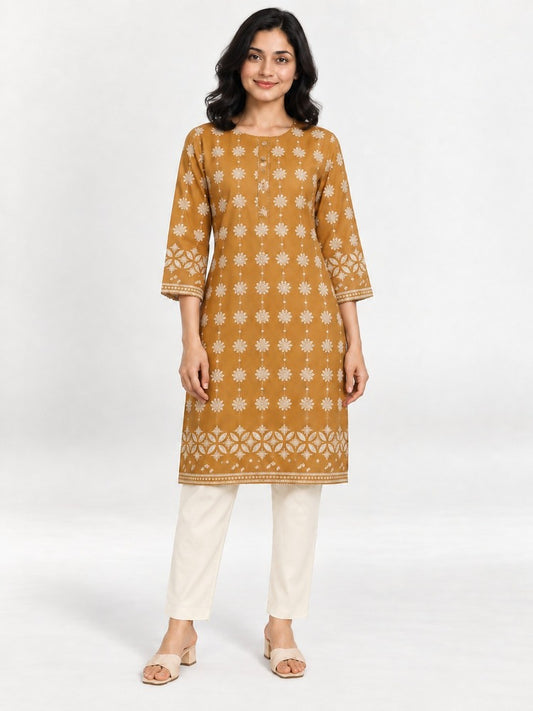 Block Print Soft Cotton Kurti - Beige - ZK233