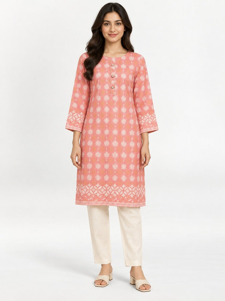 Block Print Soft Cotton Kurti - Pink - ZK234