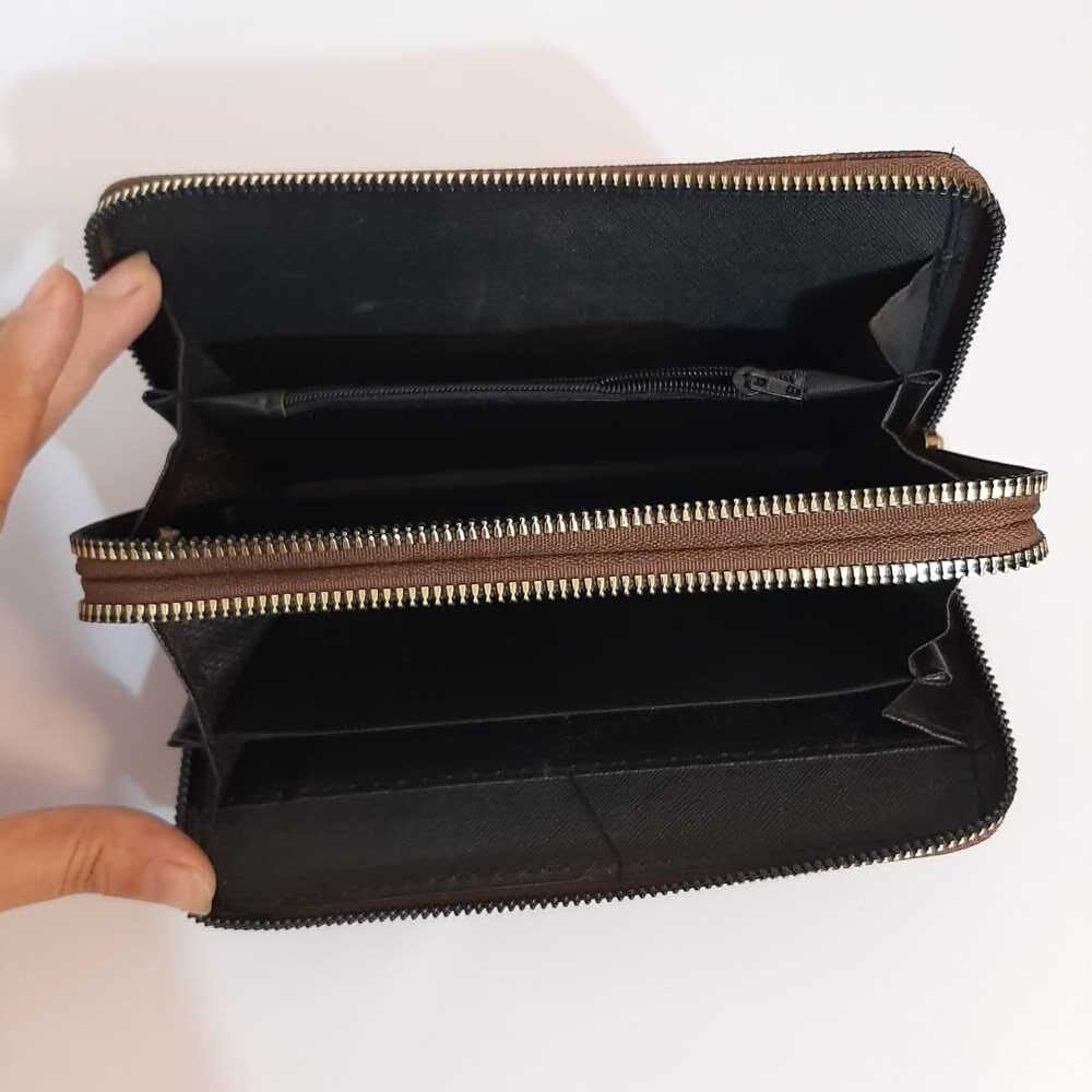 Check Design Double Zip Wallet - Black/Brown - W15